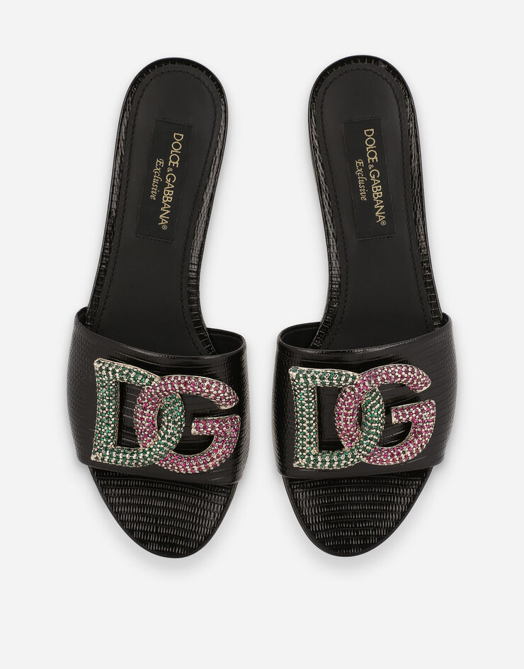 Dolce & Gabbana Iguana-print calfskin slides with rhinestone-detailed DG logo Black CQ0455B5956
