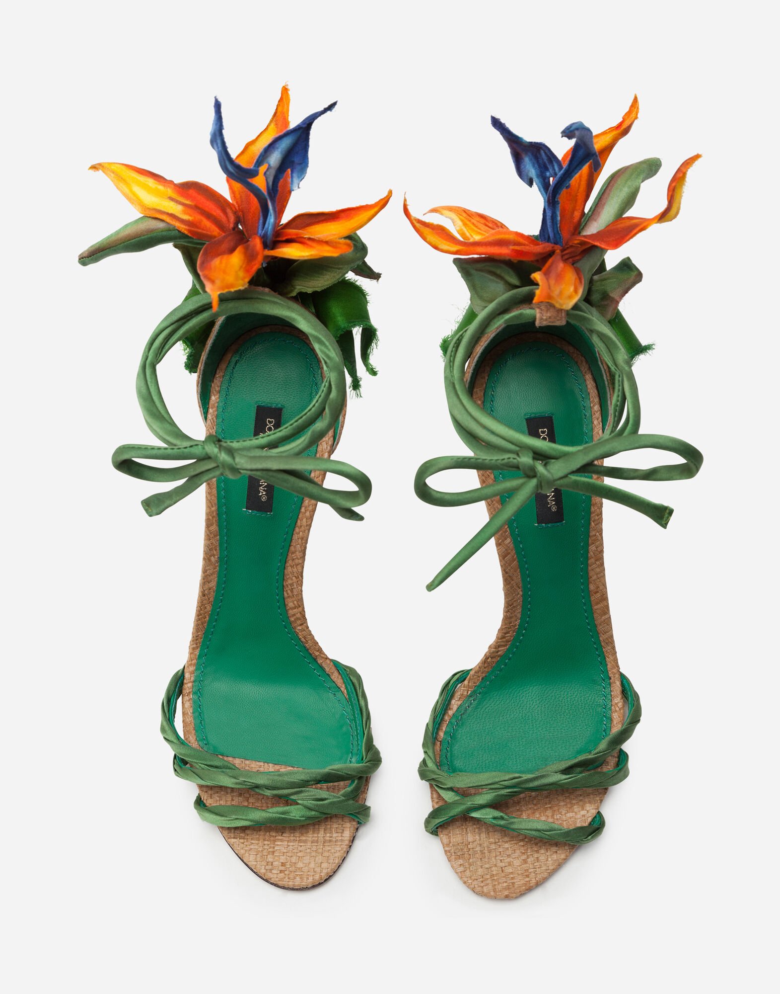 Satin sandals with bird of paradise embroidery