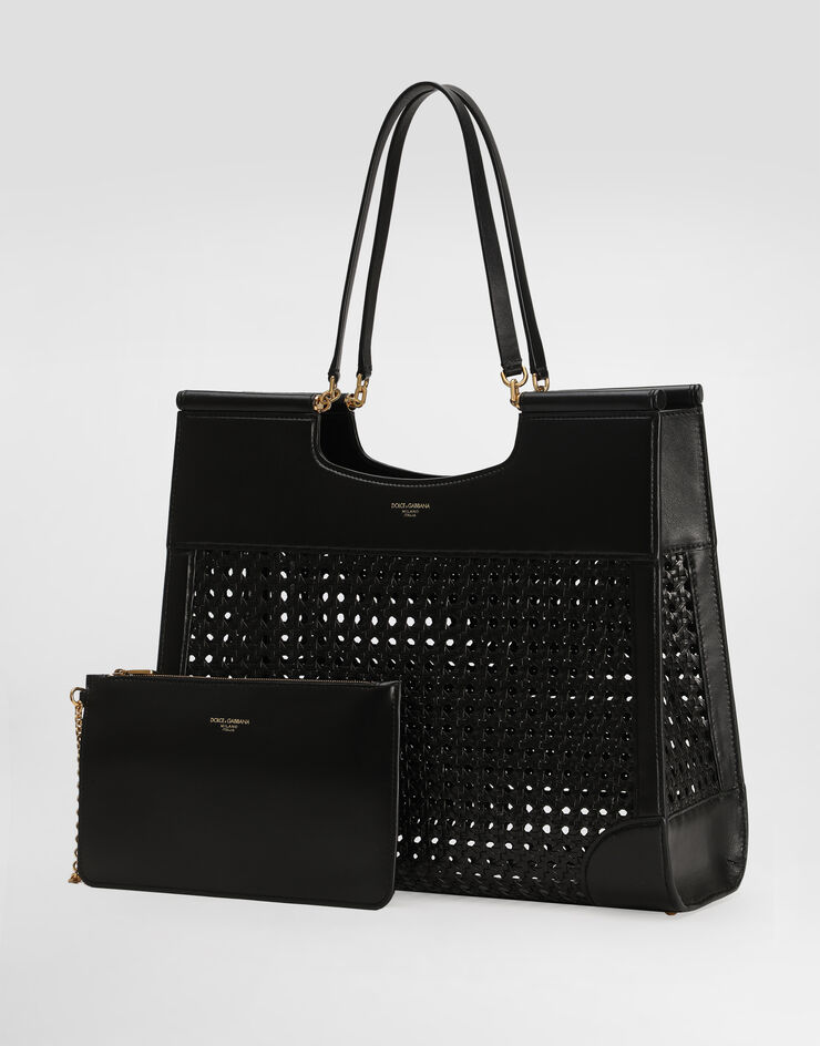 Dolce & Gabbana Shopping Sicily in straw and calfskin weave Black BB7727B9S67