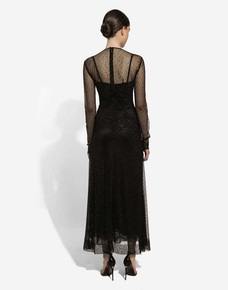 Dolce & Gabbana Long tulle dress with fusible rhinestone embellishment Black F6DEZTFLSIT