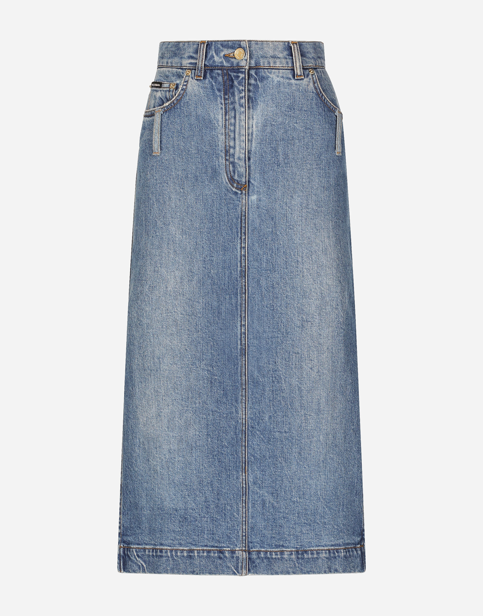 Dolce & Gabbana Denim calf-length skirt with logo tag Blue F9R74DG8KT0