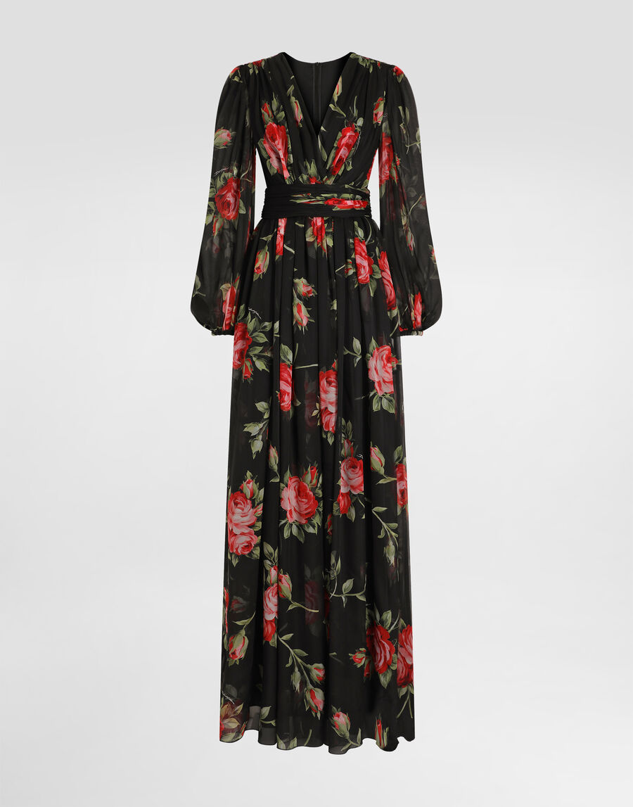 Rose bouquet-print long chiffon dress