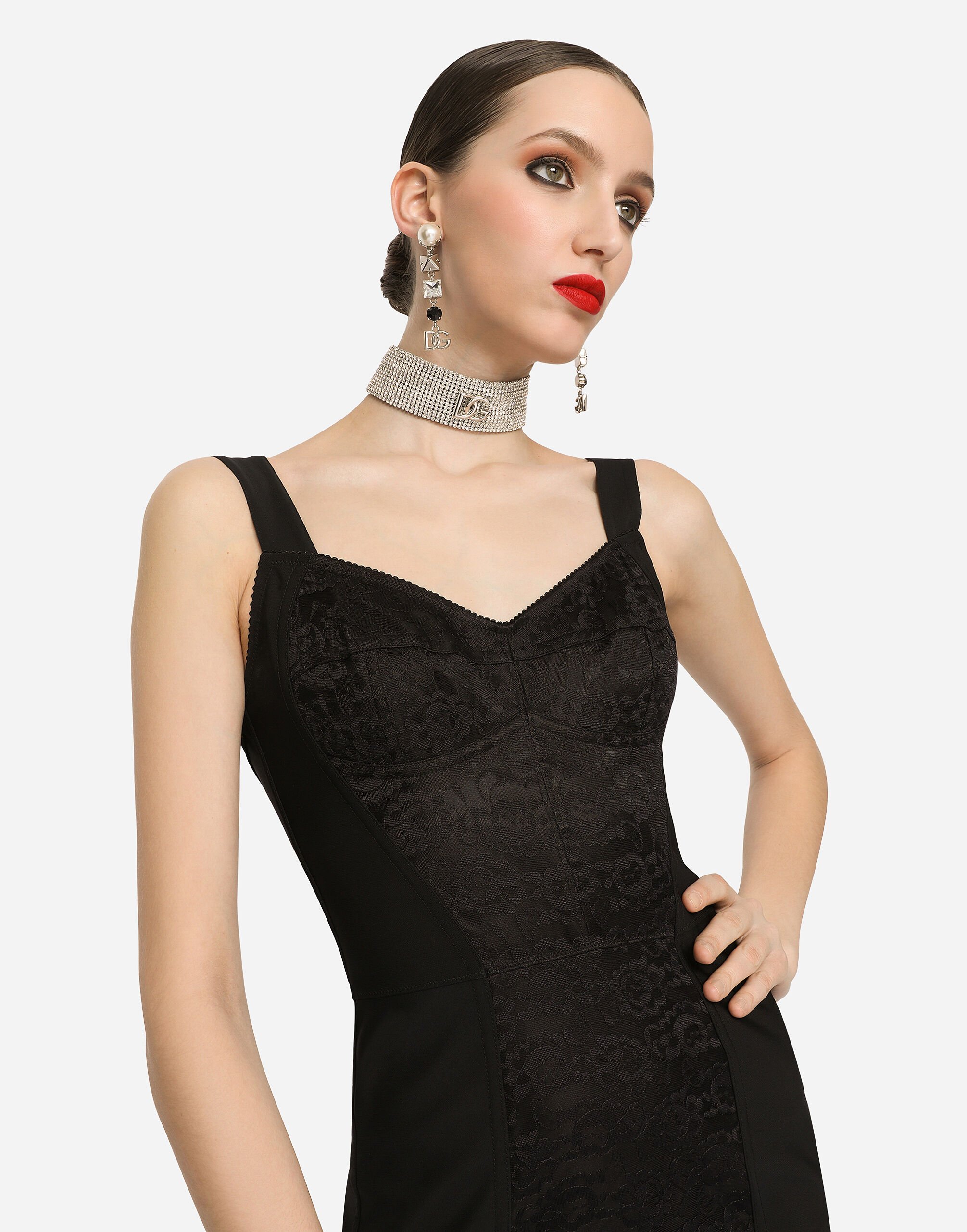 Corset style midi dress in powernet and lace in BLACK for Women