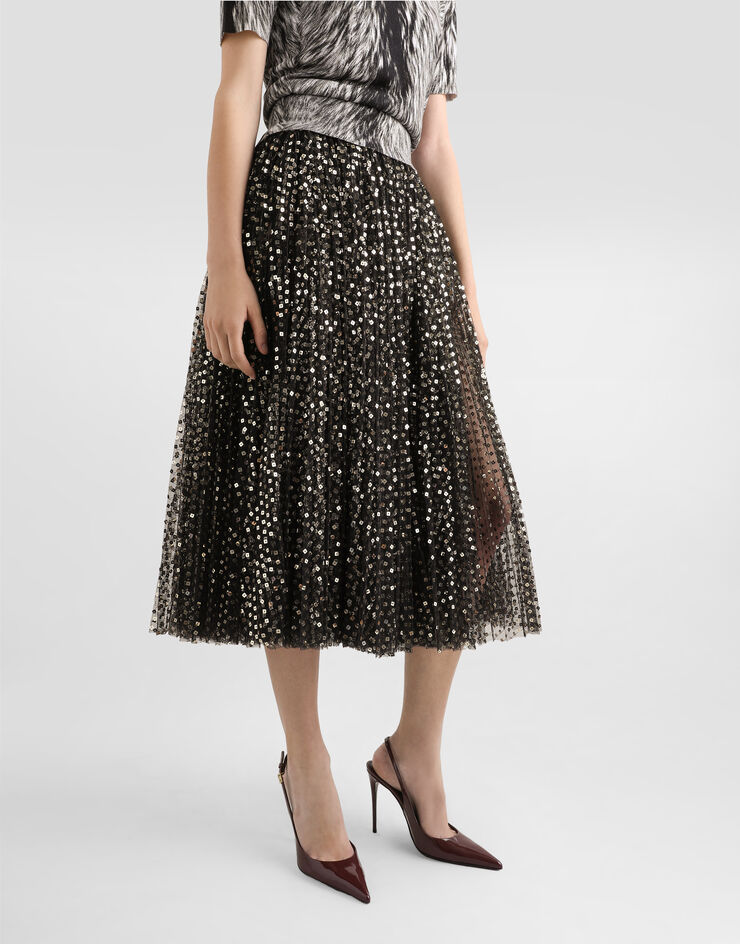 Dolce & Gabbana Jupe patineuse mi-longue en tulle avec micro paillettes brodées Doré F4C1FTFLSHD