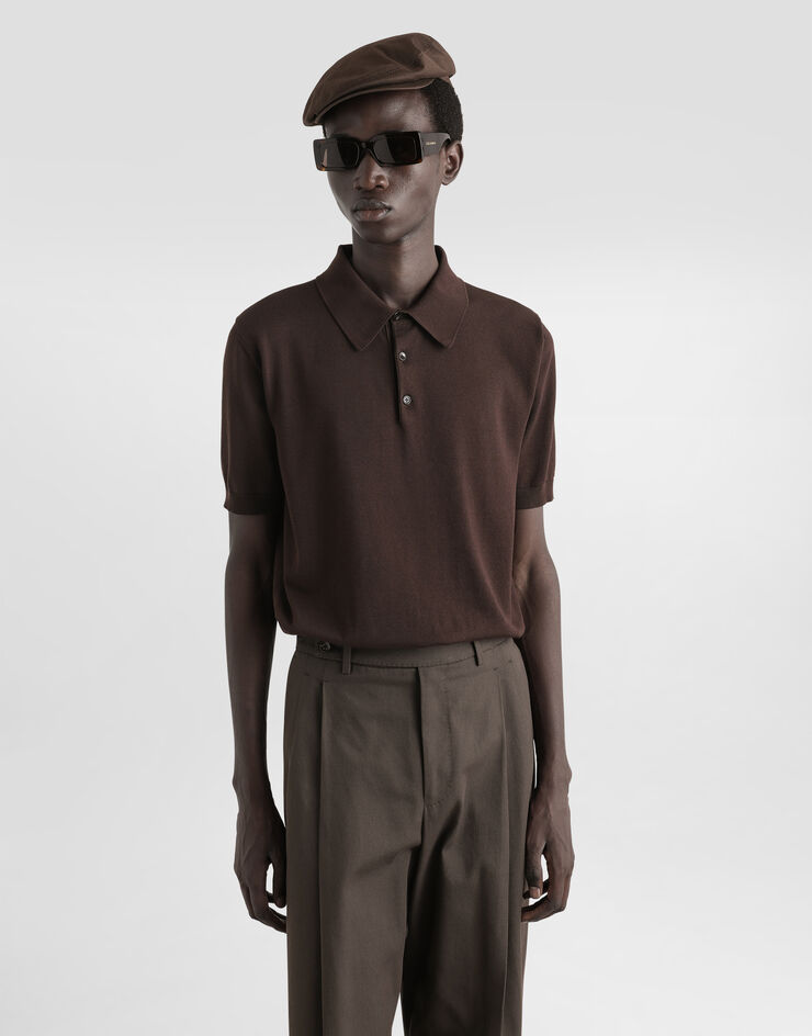 Dolce & Gabbana Pull polo à manches courtes en coton Marron GXZ02TJBCFV