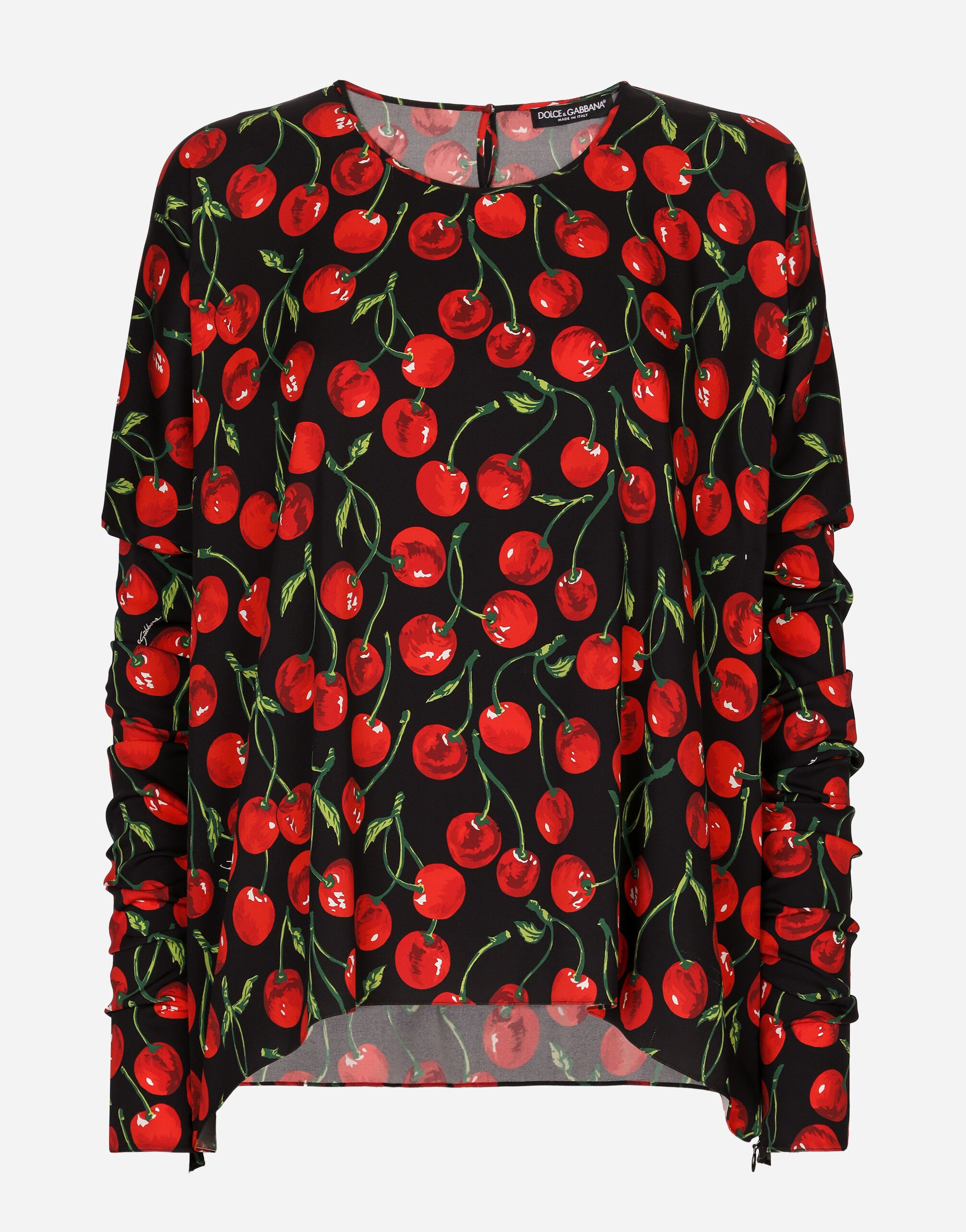 Dolce & Gabbana Cherry-print charmeuse top with gathered sleeves Black F72X4TFLMSC