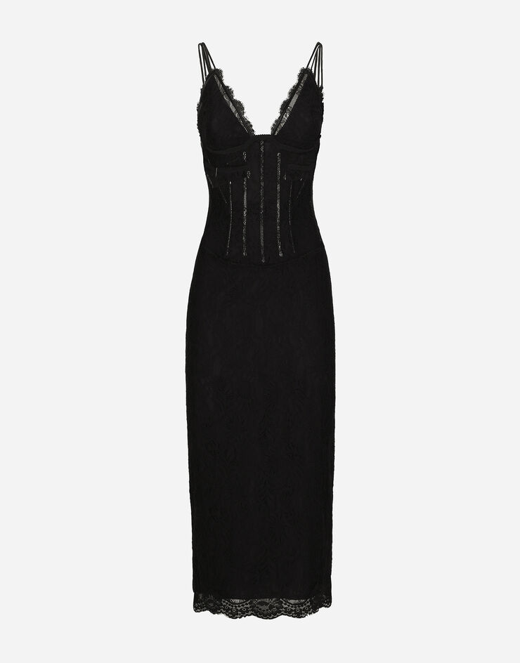 Black V Neck Slip Dress With Lace Detail | SilkFred US