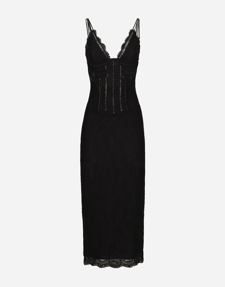 Dolce & Gabbana Robe combinette mi-longue en dentelle : Noir F6JFFTMLRAB