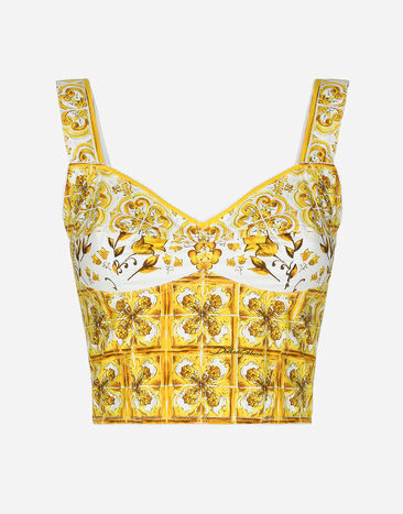 Dolce & Gabbana Cotton corset top with majolica print Print F6AEITHH5A1