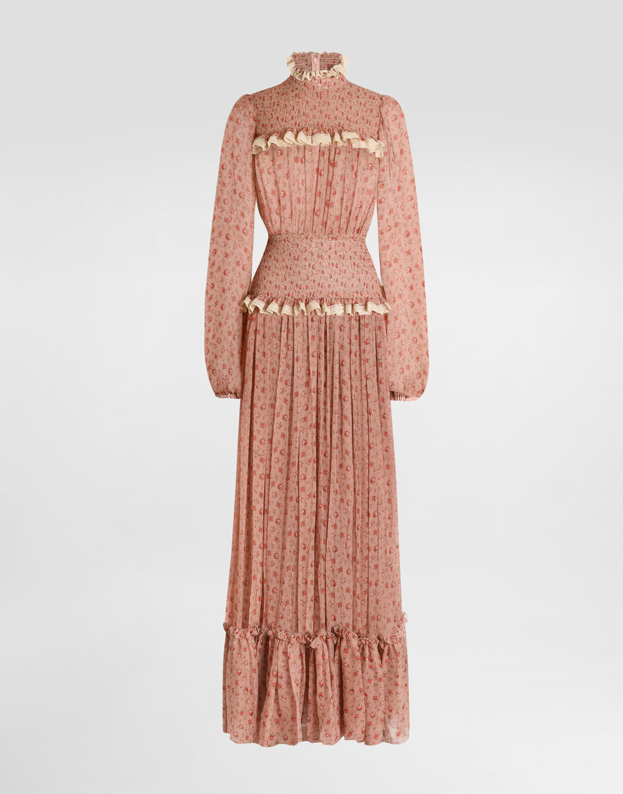 Small rose-print long chiffon dress