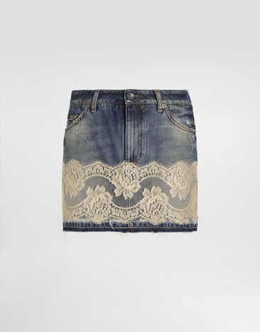 Dolce & Gabbana Denim skirt with lace Multicolor F4C6NDG8OB4