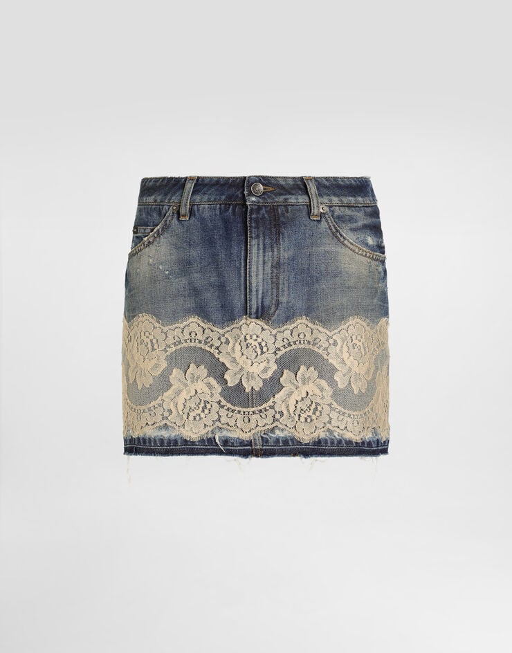 Dolce & Gabbana Denim skirt with lace Multicolor F4C6NDG8OB4
