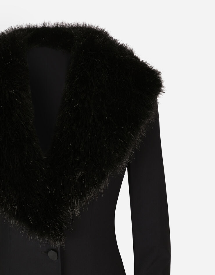 Dolce&Gabbana Long silk georgette coat with faux fur collar Black F0W0VTFUAFZ
