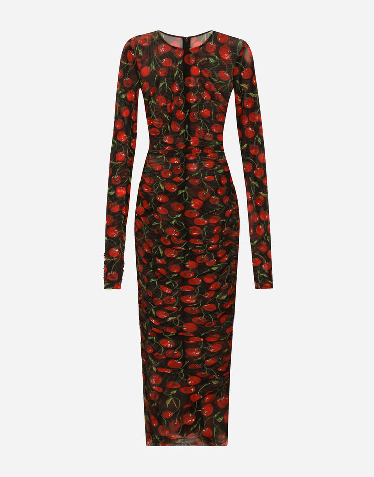 Dolce&Gabbana Cherry-print tulle calf-length dress with draping Multicolor F6CPRTFSUA2