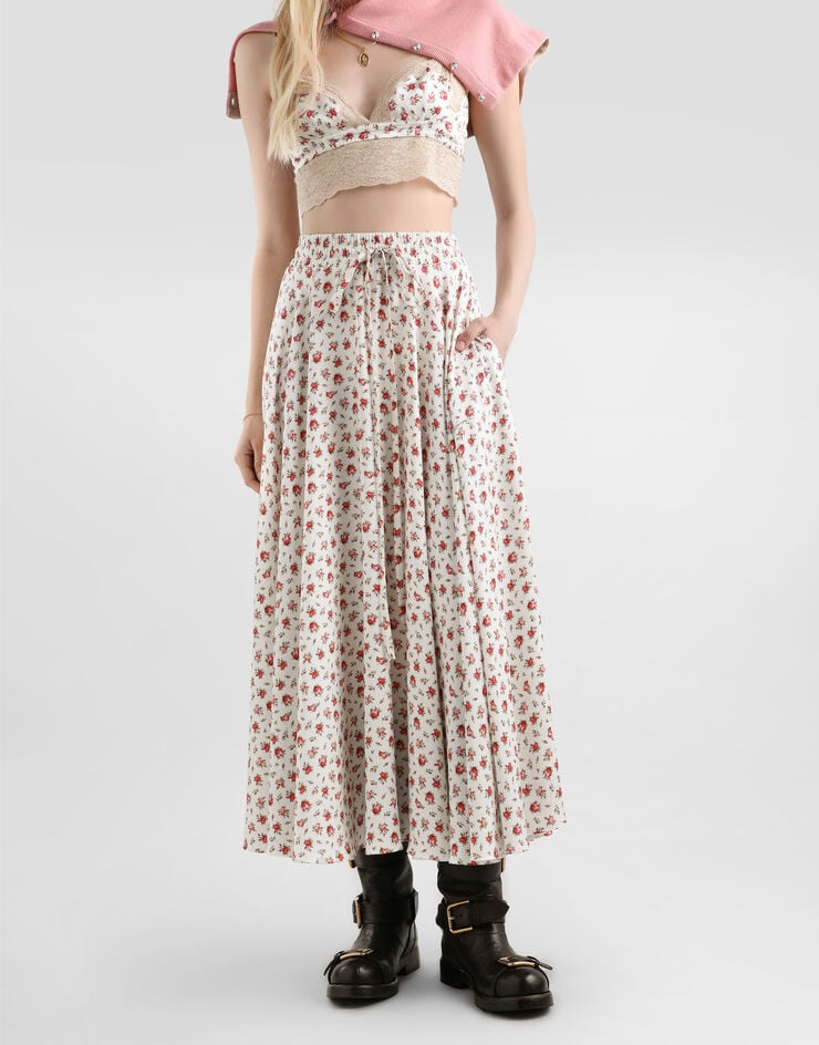 Dolce & Gabbana Kreisrock aus Charmeuse mit kleinem Rosenprint Multicolor F4DBGTFSA79