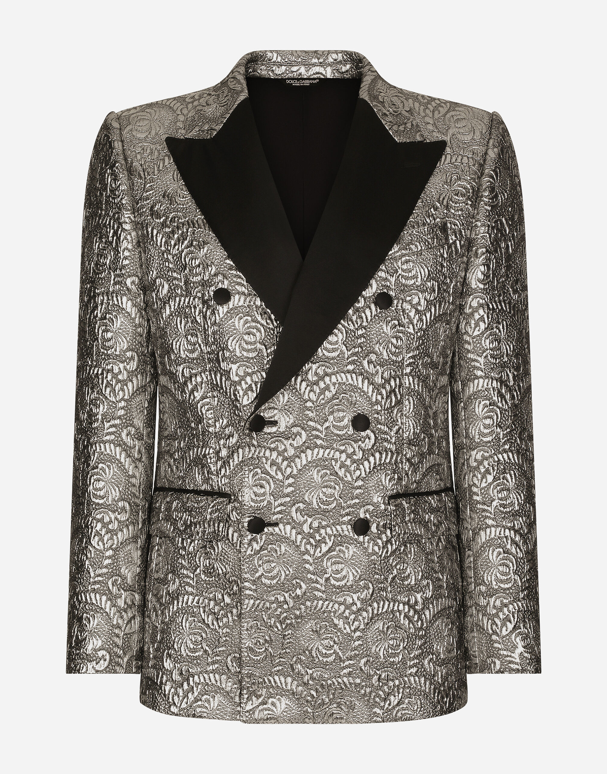 Dolce & Gabbana Zweireihige Smokingjacke Sicilia Lamé-Jacquard Silber G2QU6TFLSEP