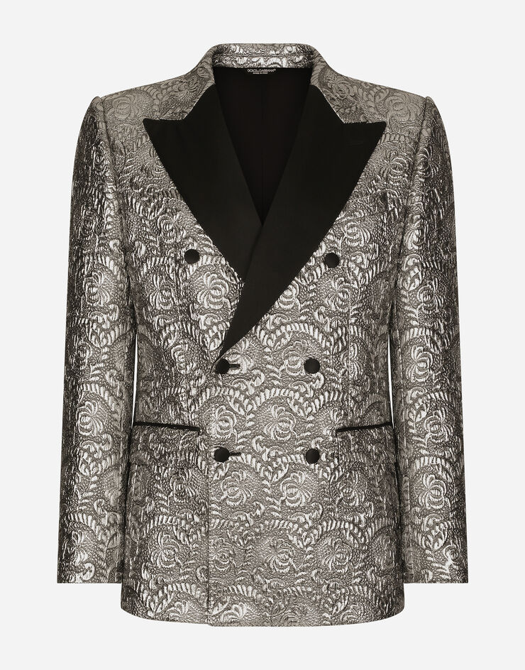 Dolce & Gabbana 시칠리아 핏 더블 브레스티드 라메 자카드 턱시도 재킷 실버 G2QU4TFJMZ3
