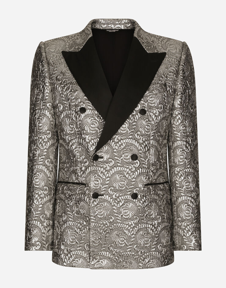 Dolce & Gabbana Zweireihige Smokingjacke Sicilia Lamé-Jacquard Silber G2QU4TFJMZ3