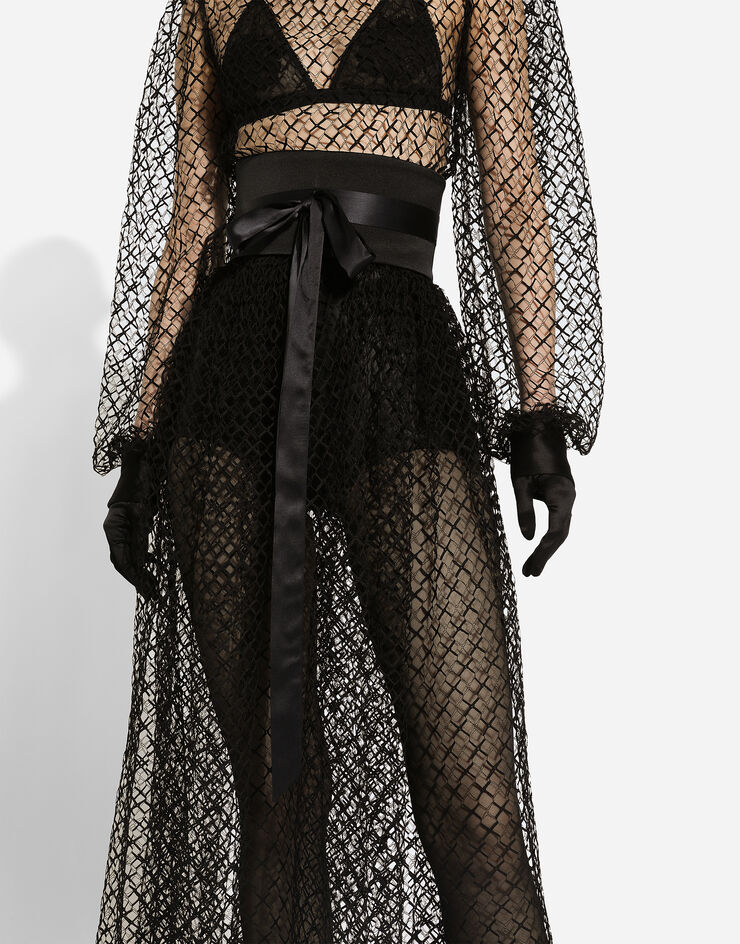 Dolce & Gabbana Longuette-Kleid Netzgewebe mit Gürtel aus Wollkrepp Schwarz F6JOITILMBE