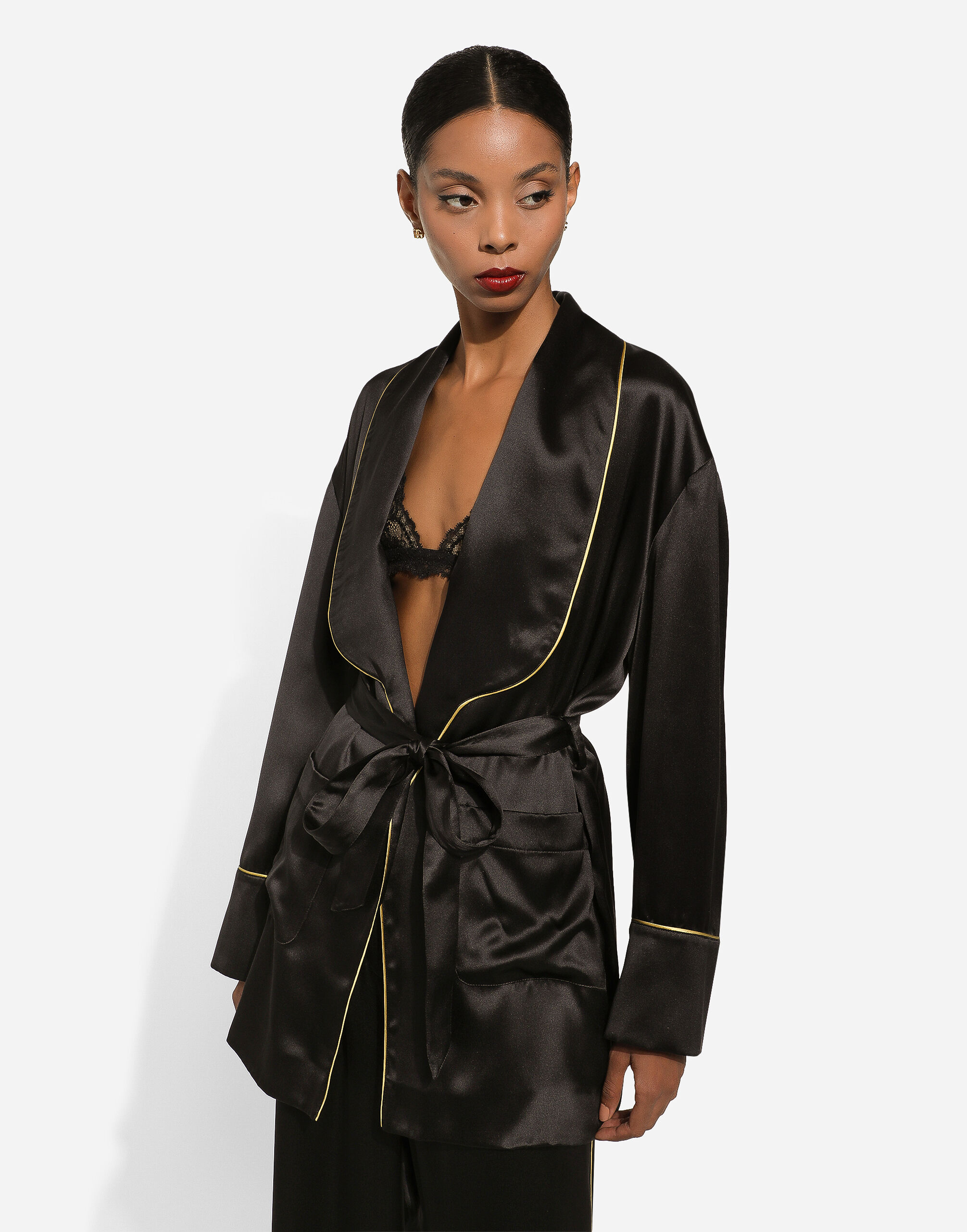 Silk long-sleeved pajama jacket with belt in Black for Women