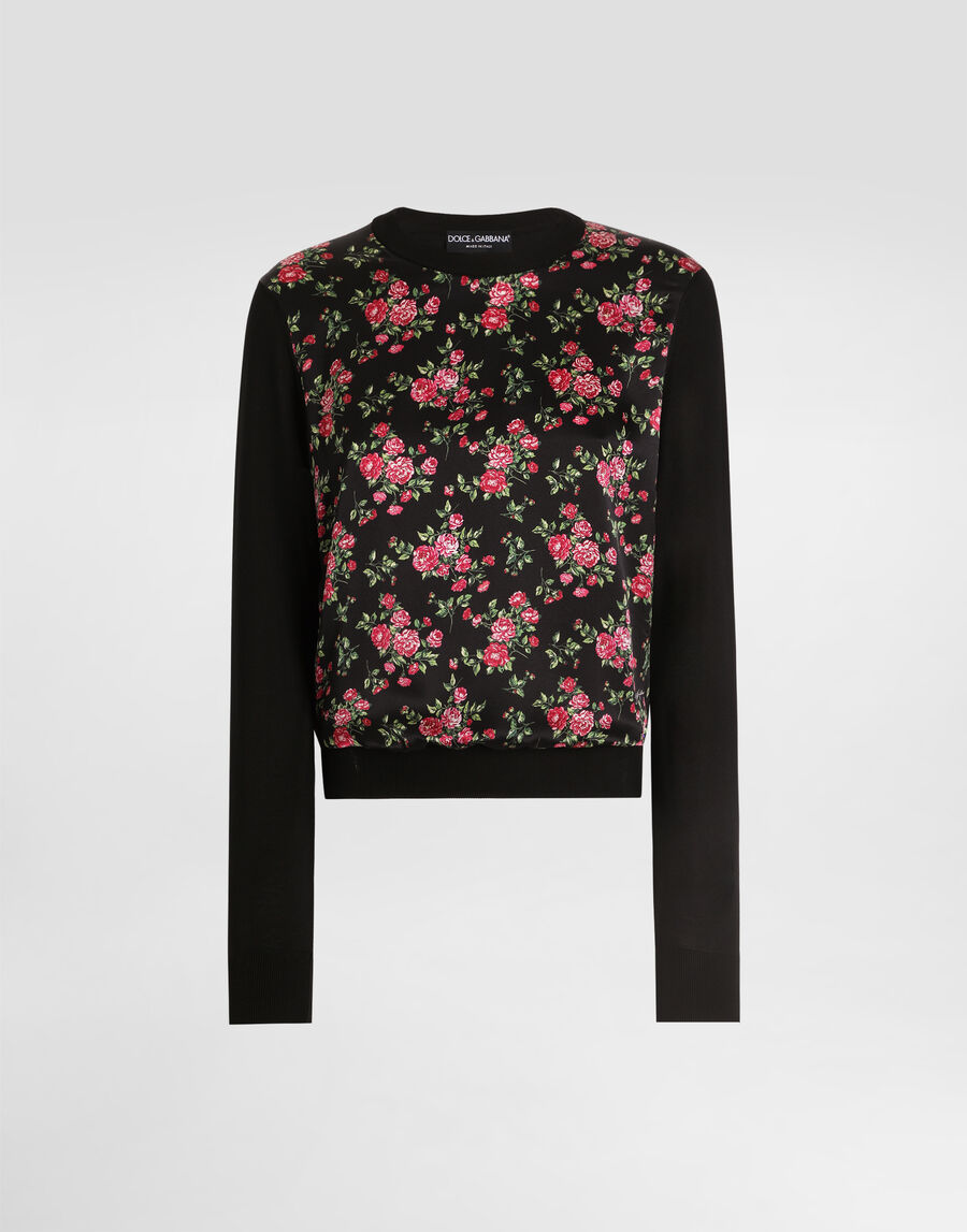 Small rose bouquets-print silk and satin pullover