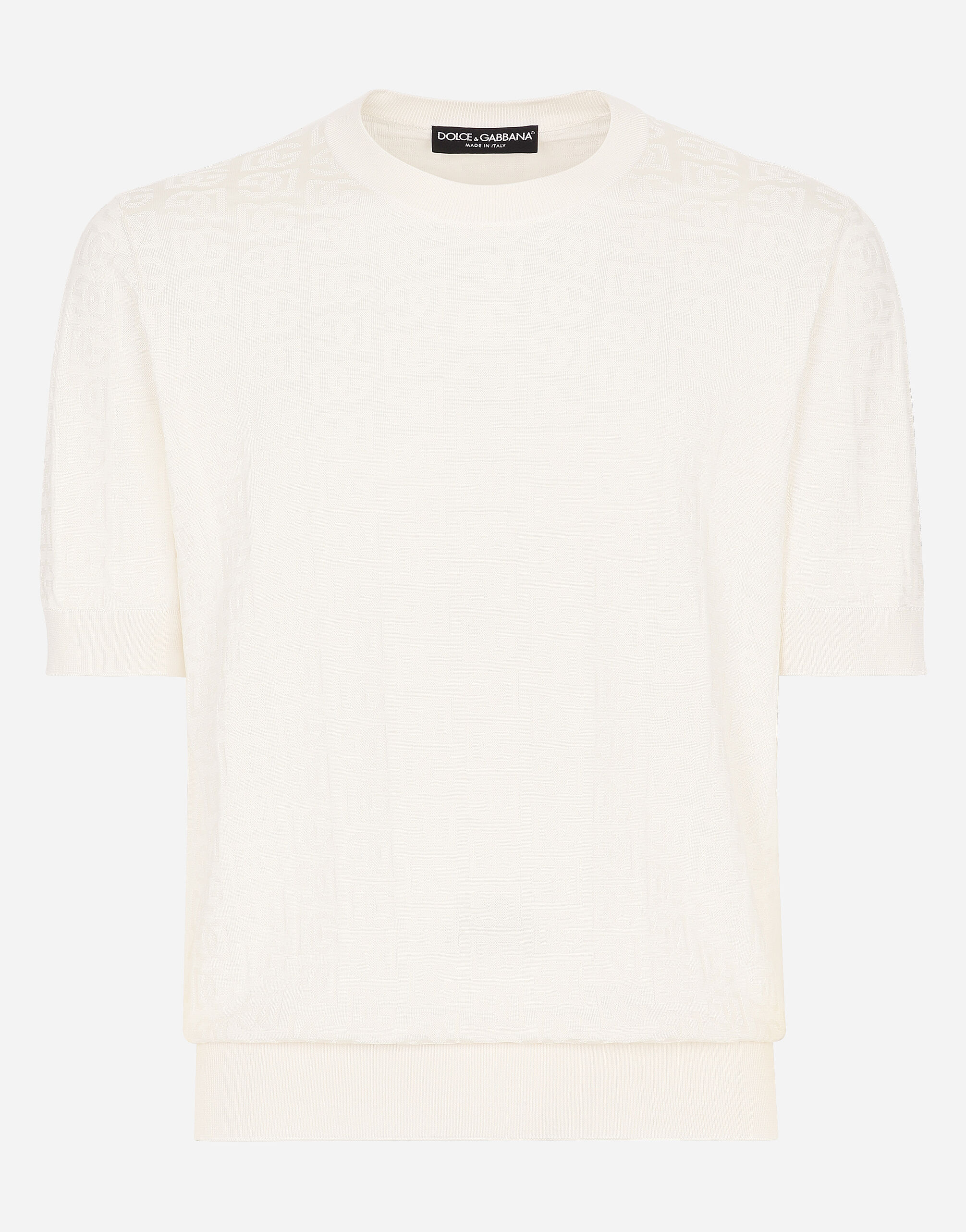 Silk jacquard round neck sweater with DG logo in White for Men Dolce Gabbana