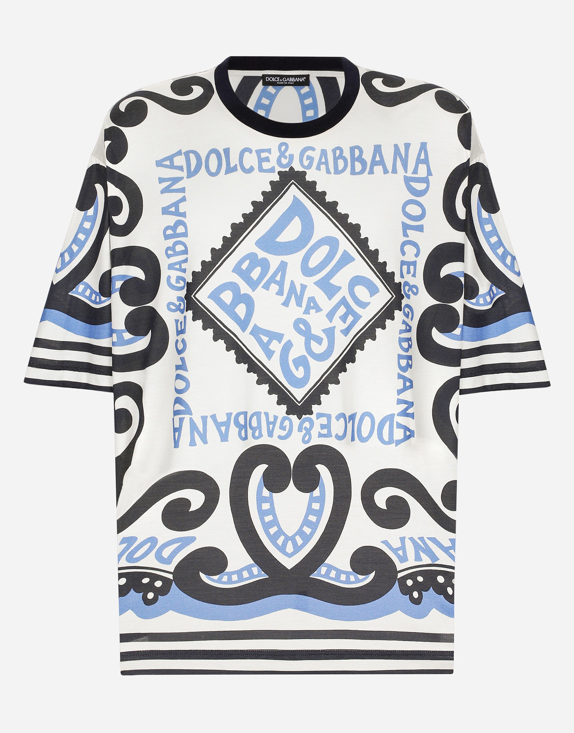 Dolce & Gabbana Short-sleeved silk T-shirt with Marina print Blue G9AUBDG8KF1