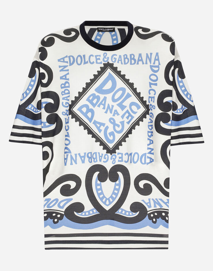 Dolce & Gabbana تيشيرت حرير بأكمام قصيرة وطبعة مارينا أزرق فاتح G8PB8TG7K5S