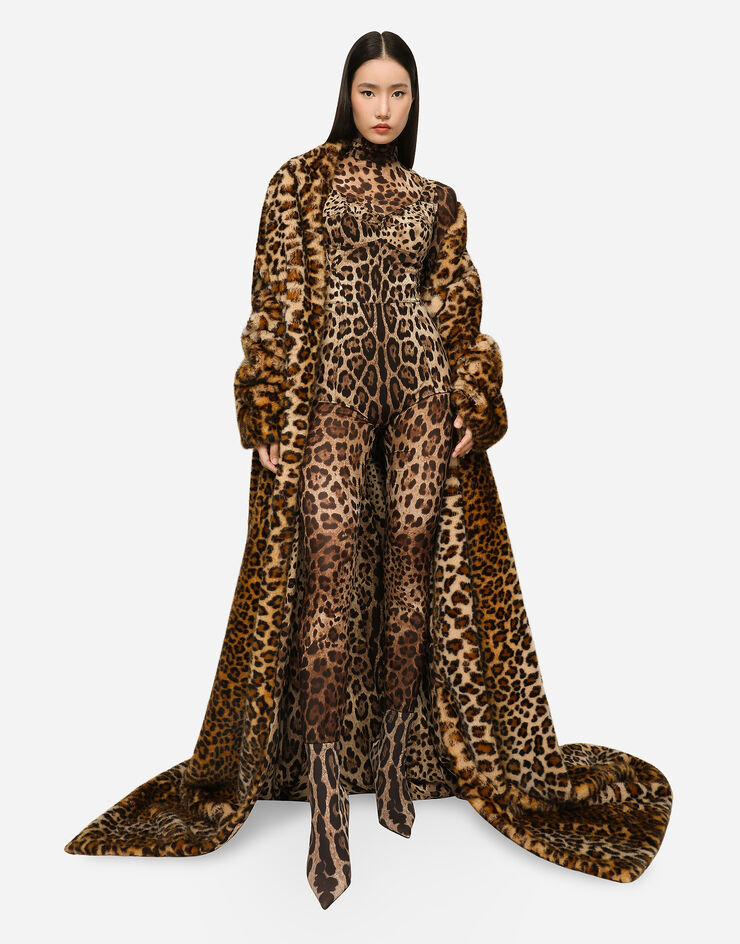 Dolce & Gabbana KIM DOLCE&GABBANA Langer Mantel aus Kunstfell mit Leopardenmuster-Aufdruck Animal-Print F0AXSFFUPU8