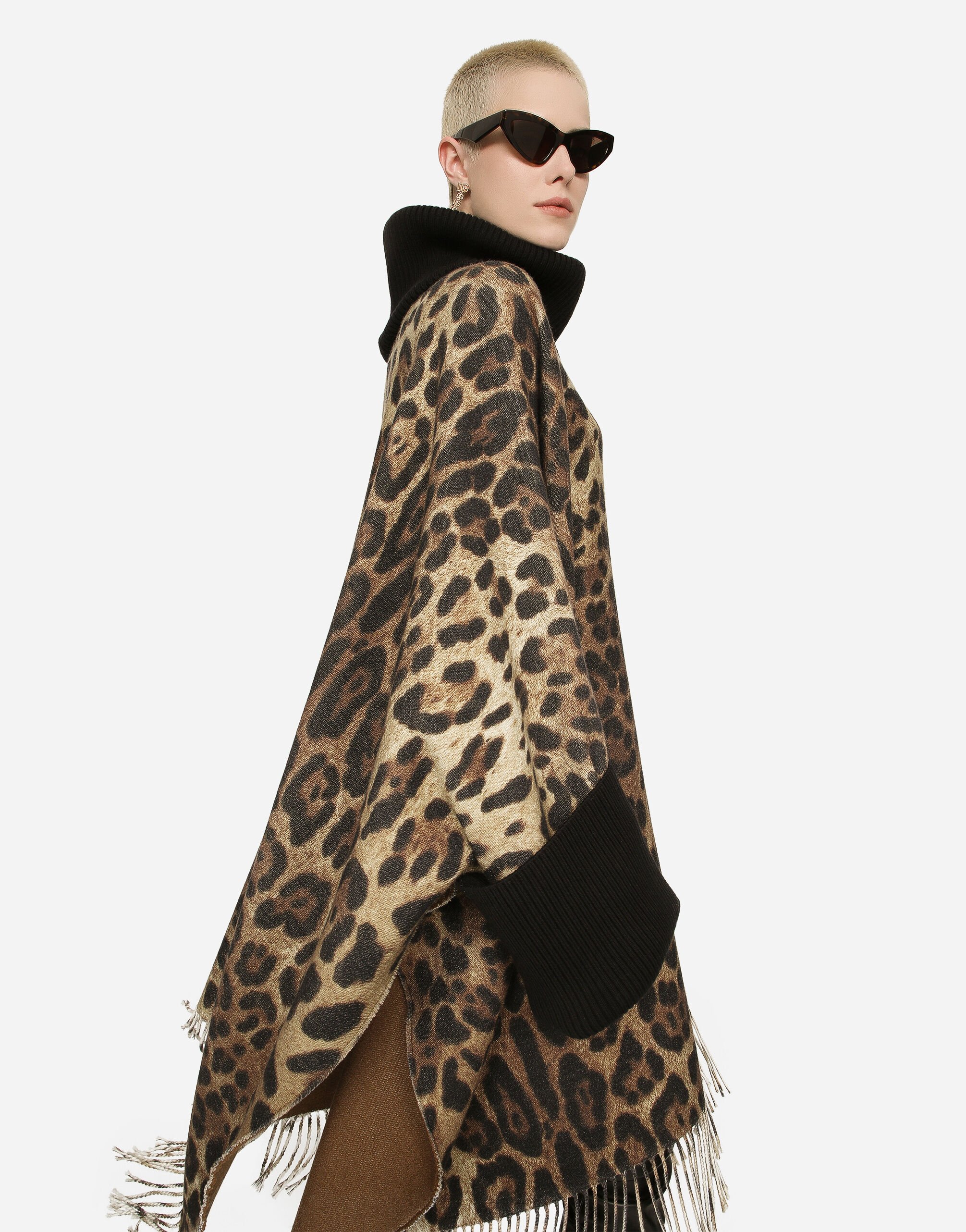 Cashmere and wool poncho with fringing in Animal Print for Women Dolce Gabbana US