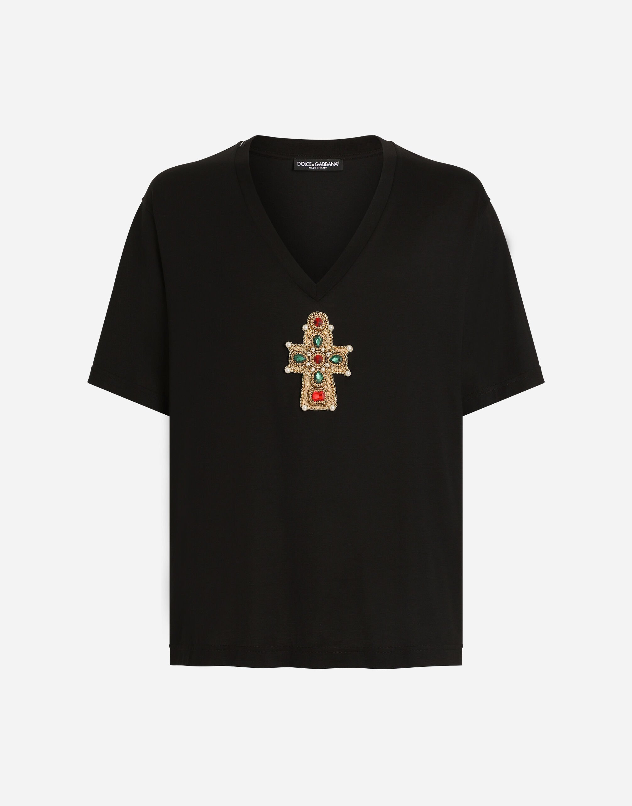 【メーカー公式ショップ】 Cotton V-neck T-shirt with patch in Black for Men トップス
