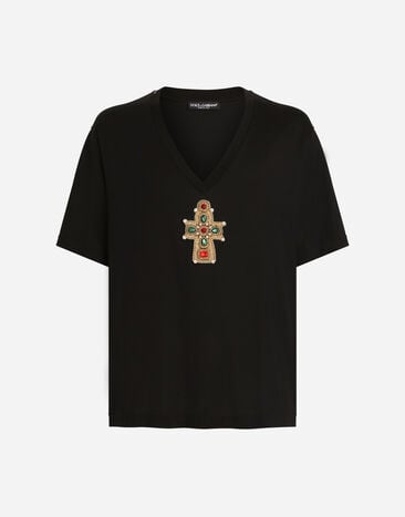 Dolce & Gabbana Cotton V-neck T-shirt with patch Black G8QL3ZG7O4I