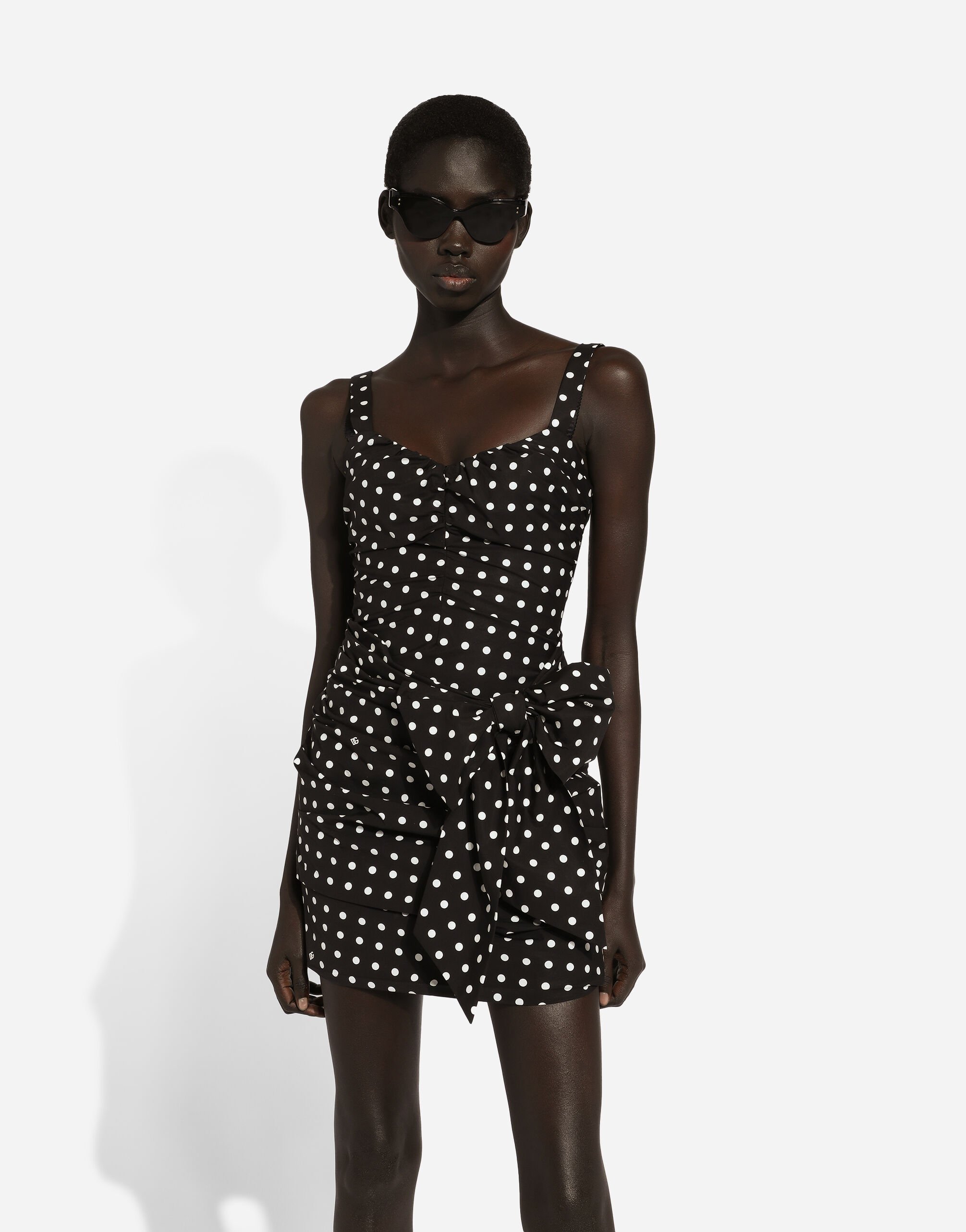 Cotton minidress with polka-dot print and bow detail in