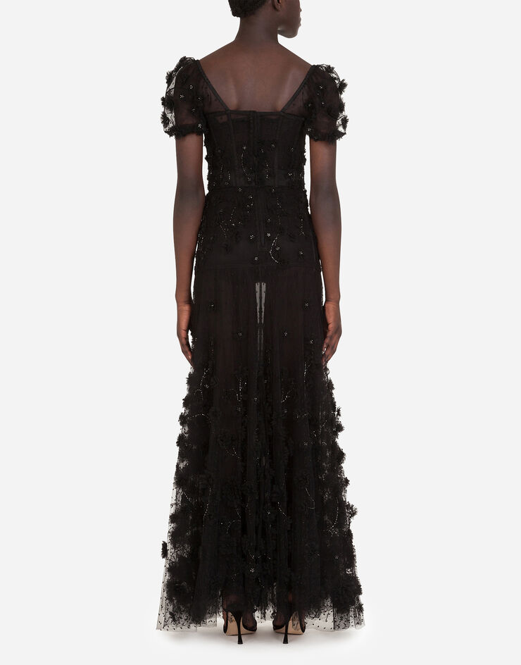 Dolce & Gabbana Langes kleid aus tüll mit pailletten und handgestickten mikroblumen MEHRFARBIG F6J2GZGD0I8