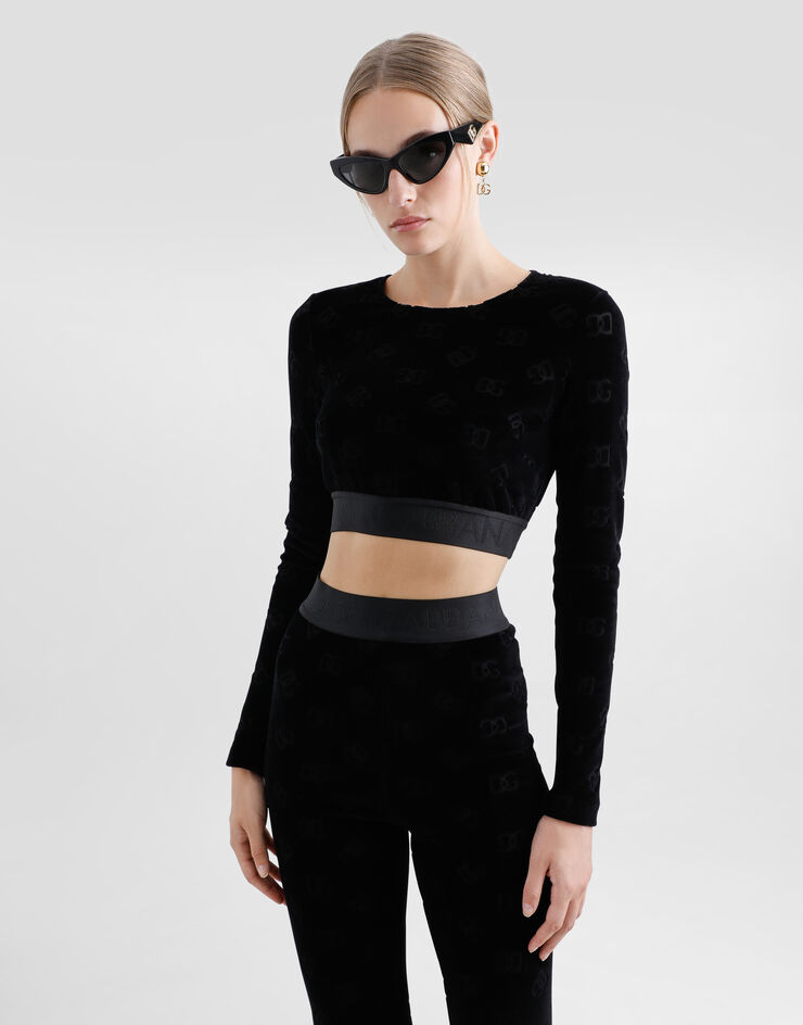 Dolce & Gabbana توب كروب من شينيل قطني بشعار DG جاكار أسود F778LTFJ7DL