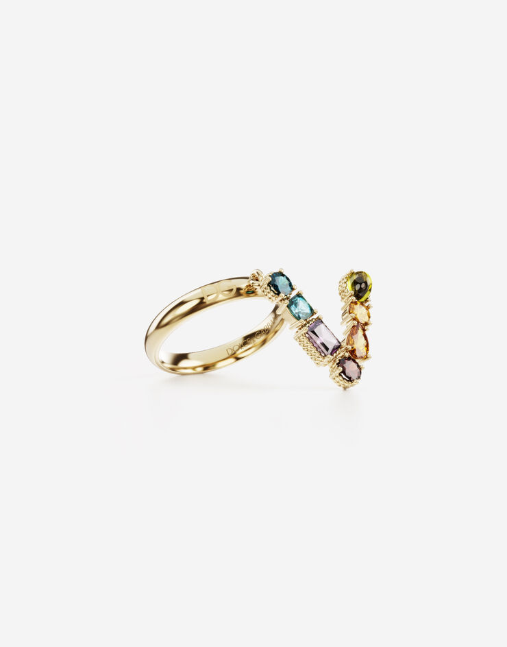 Dolce & Gabbana Rainbow alphabet V ring in yellow gold with multicolor fine gems Gold WRMR1GWMIXV
