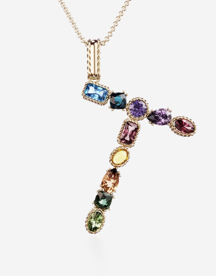 Dolce & Gabbana Rainbow alphabet T pendant in yellow gold with multicolor fine gems Gold WAMR2GWMIXT