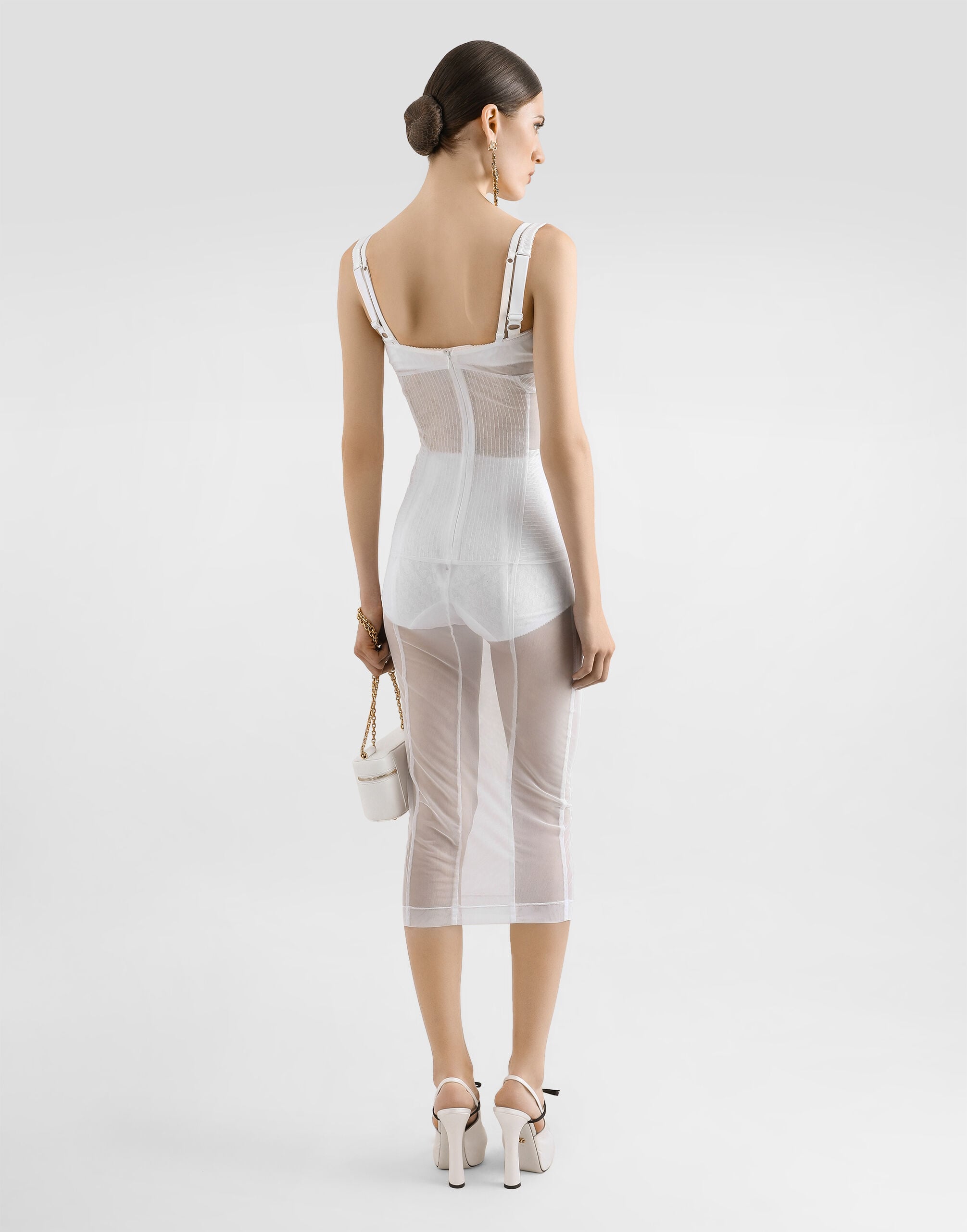 Tulle calf-length dress with corset details in White for Women