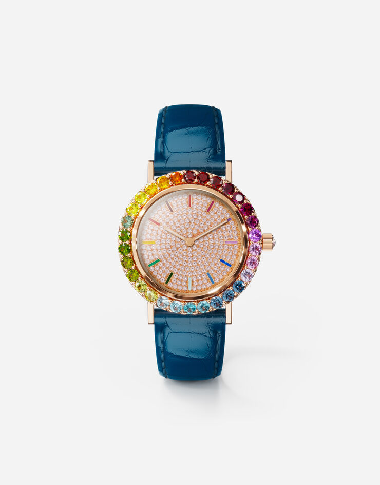 Dolce & Gabbana Reloj Iris en oro rosa con gemas multicolor y diamantes Azul WWLB2GXA0XA