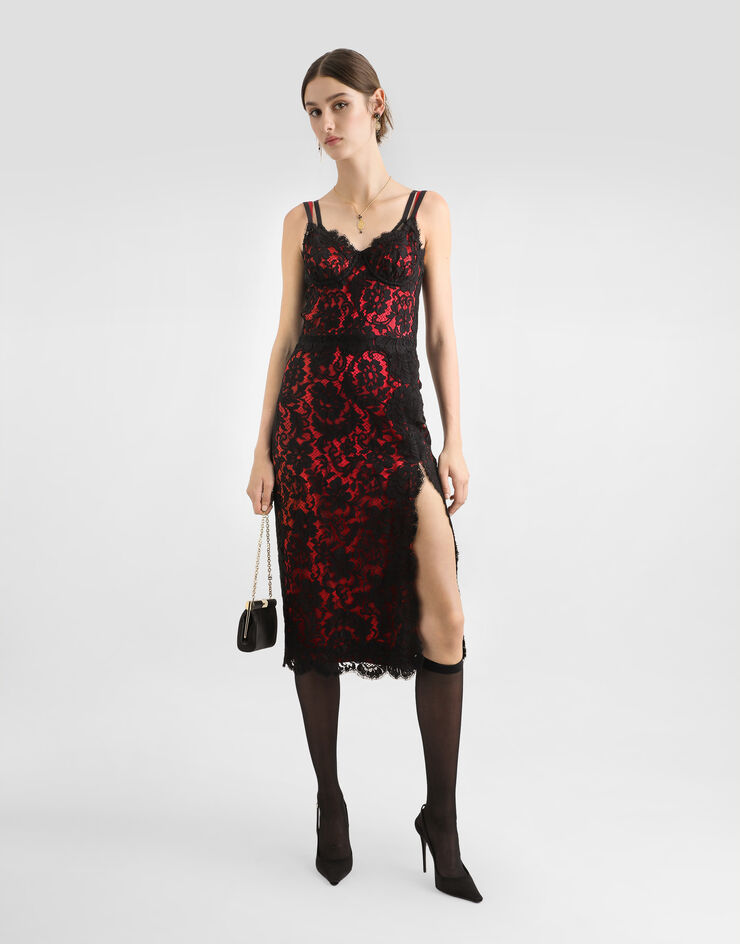 Dolce & Gabbana Calf-length floral lace slip dress with contrasting lining Black F6JSSTHLMDA