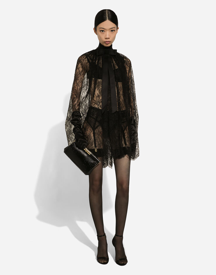 Dolce & Gabbana Kurzes Kleid im Cape-Stil aus Spitze Black F6JHCTMLMAE
