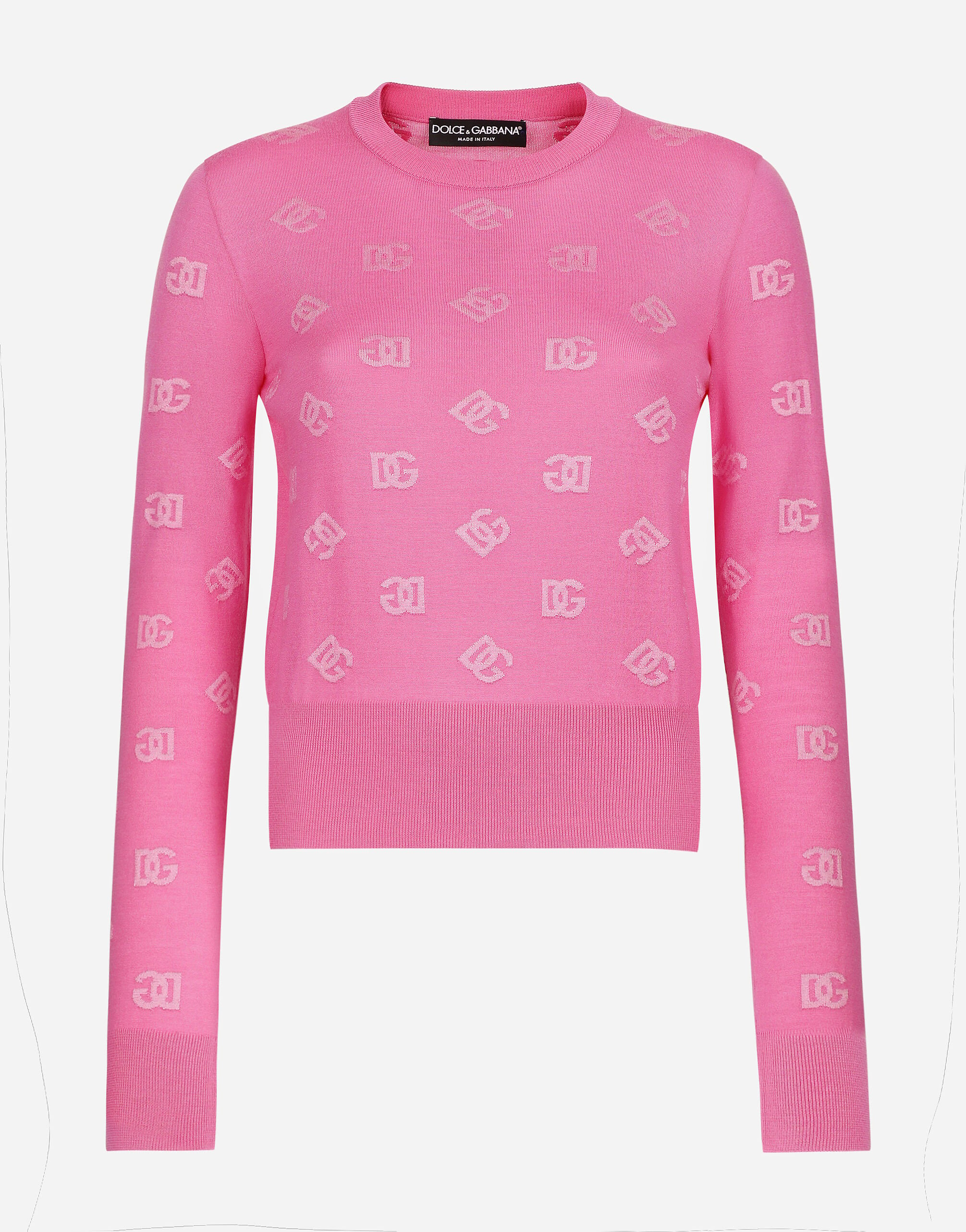 Dolce & Gabbana Wool and silk jacquard sweater with tonal DG logo Pink FXV07ZJBSHX