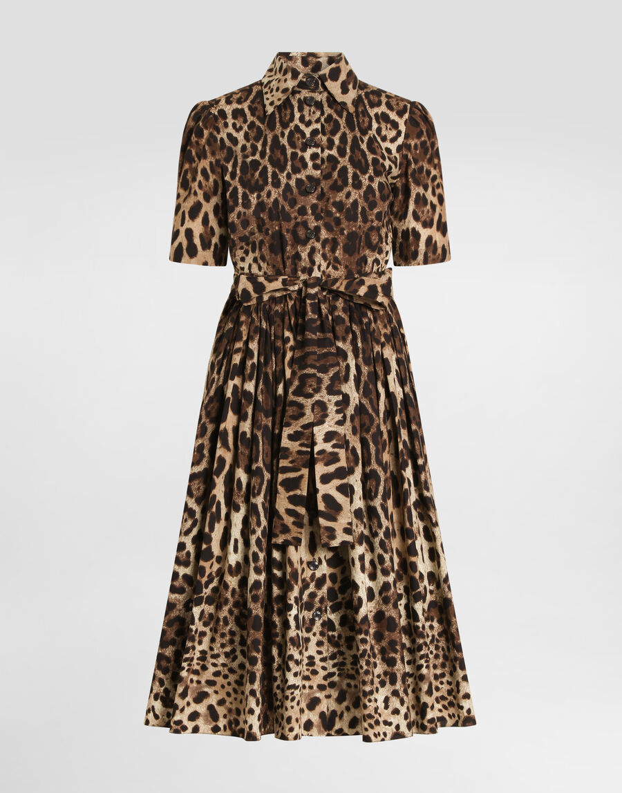 Leo-print poplin shirt dress