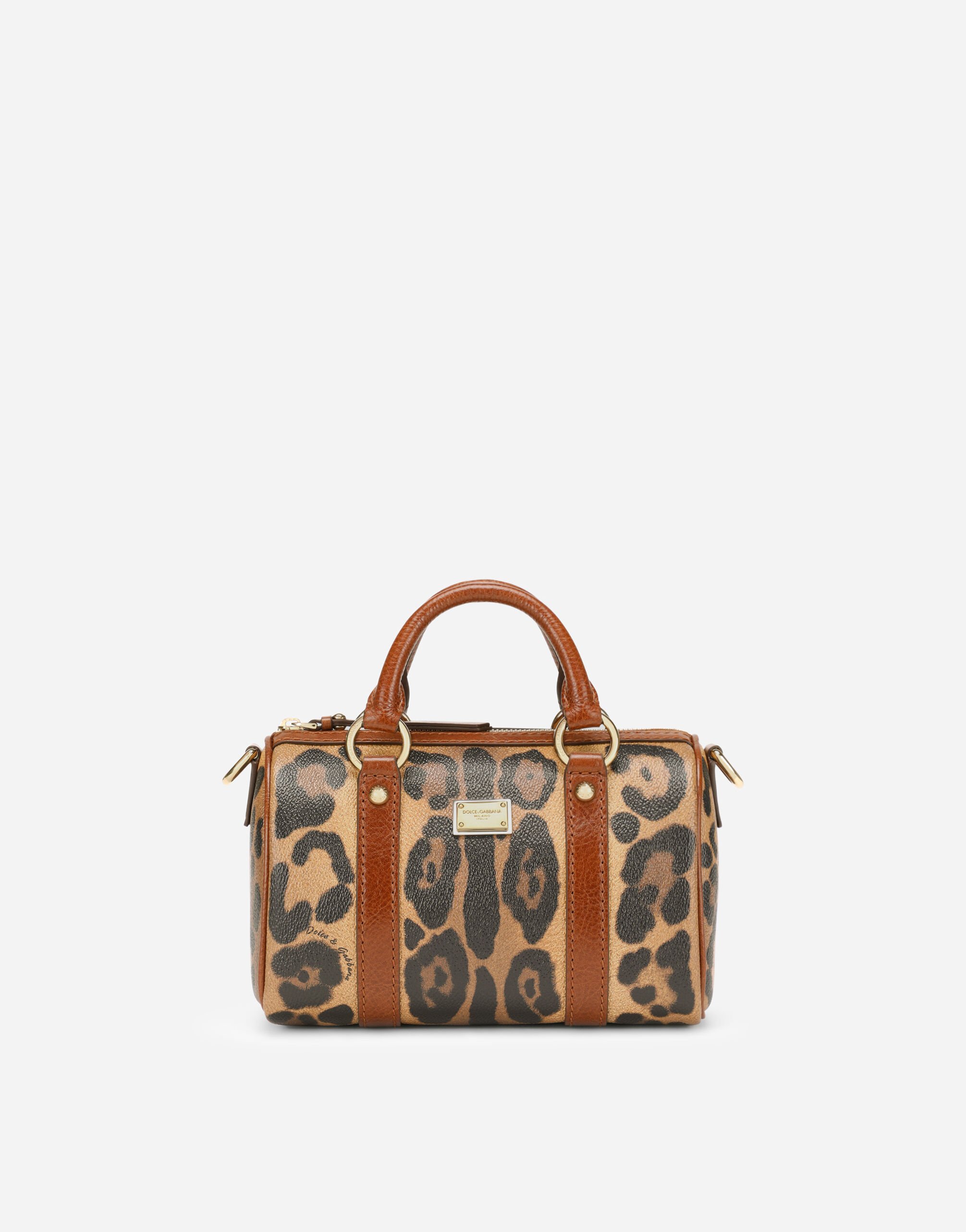 Dolce & Gabbana Small box satchel in leopard-print Crespo with branded plate Brown BB7116A8N23