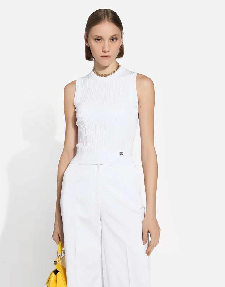 Dolce & Gabbana Ribbed stretch viscose vest top with metal DG logo pin White FXT10TJFMDH