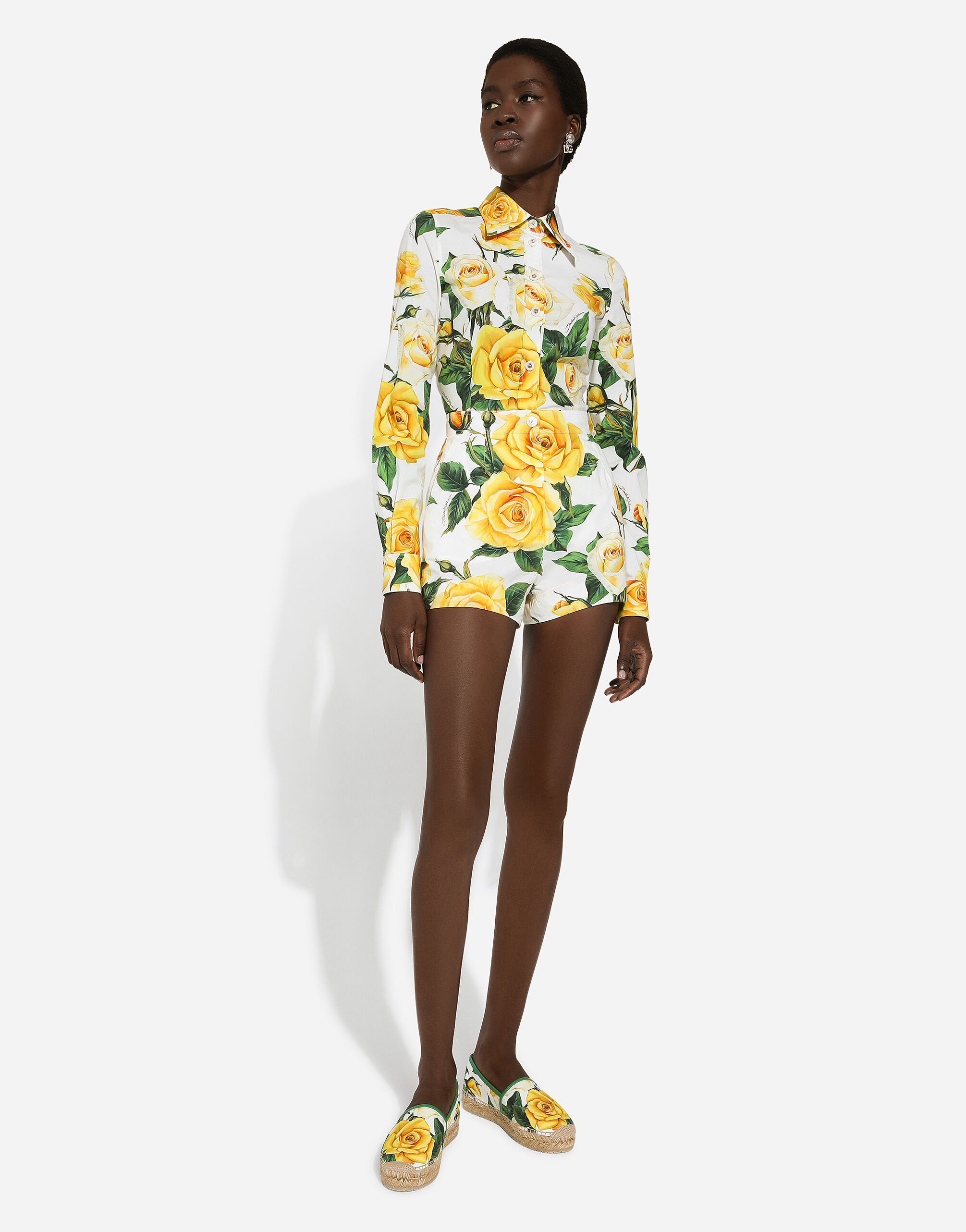 Long-sleeved cotton shirt with yellow rose print in Print for 