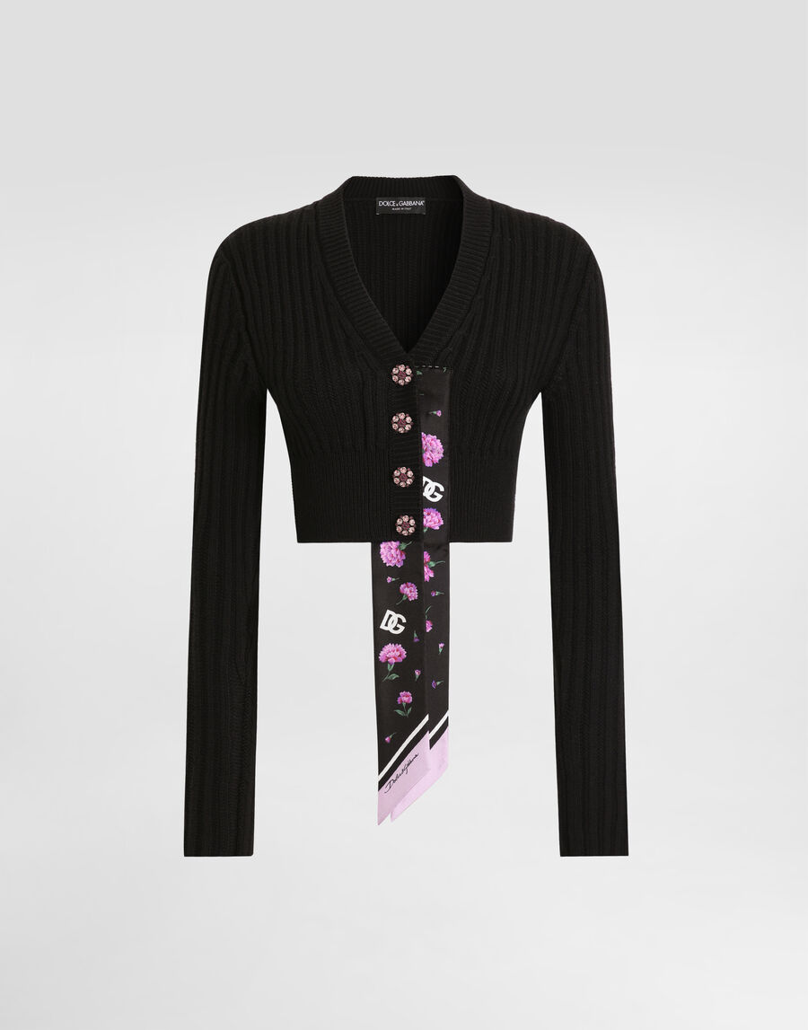 Wool cardigan with offset rib