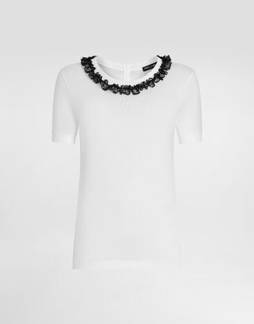 Dolce & Gabbana تيشيرت جيرسي بدانتيل وتطريز DG White F8U08ZGDDPN