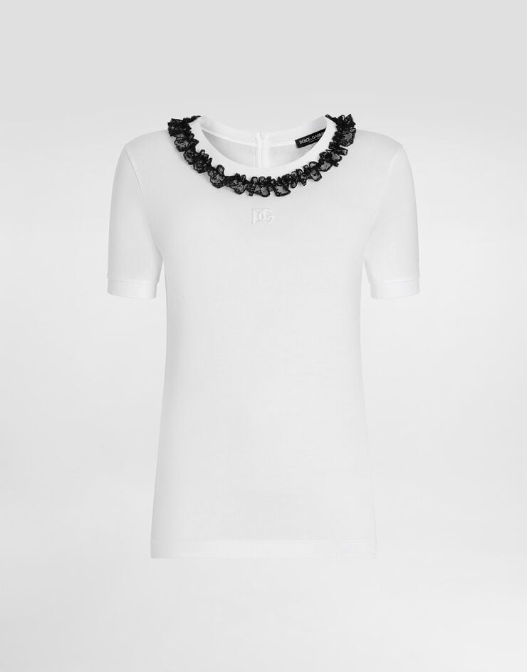 Dolce & Gabbana تيشيرت جيرسي بدانتيل وتطريز DG White F8U08ZGDDPN