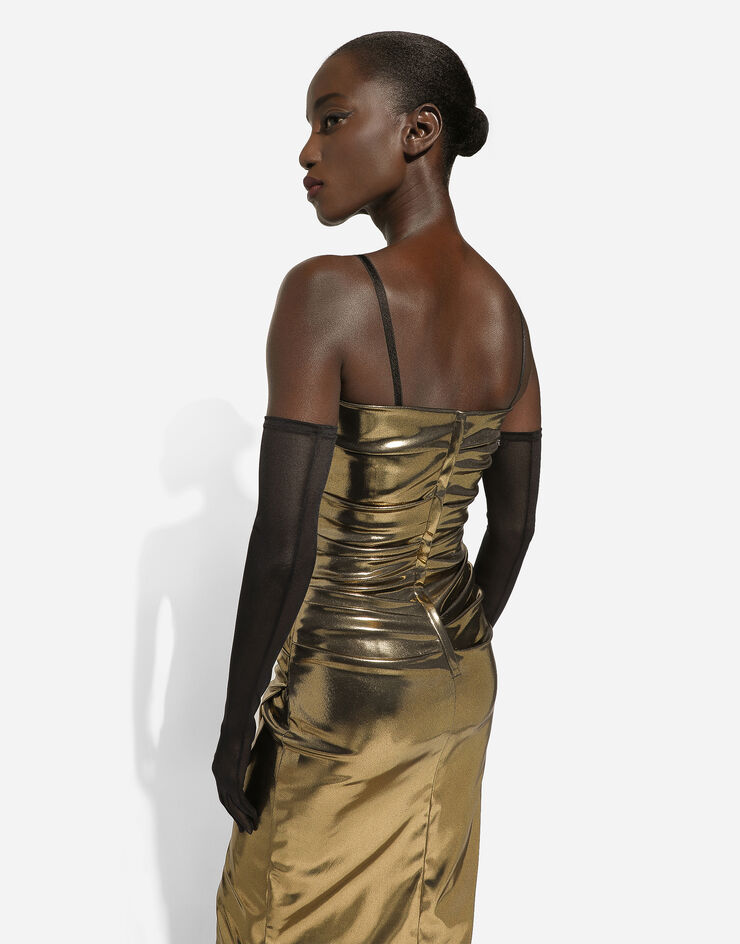 Dolce&Gabbana Foiled satin strapless calf-length dress Gold F6DHITFURMT